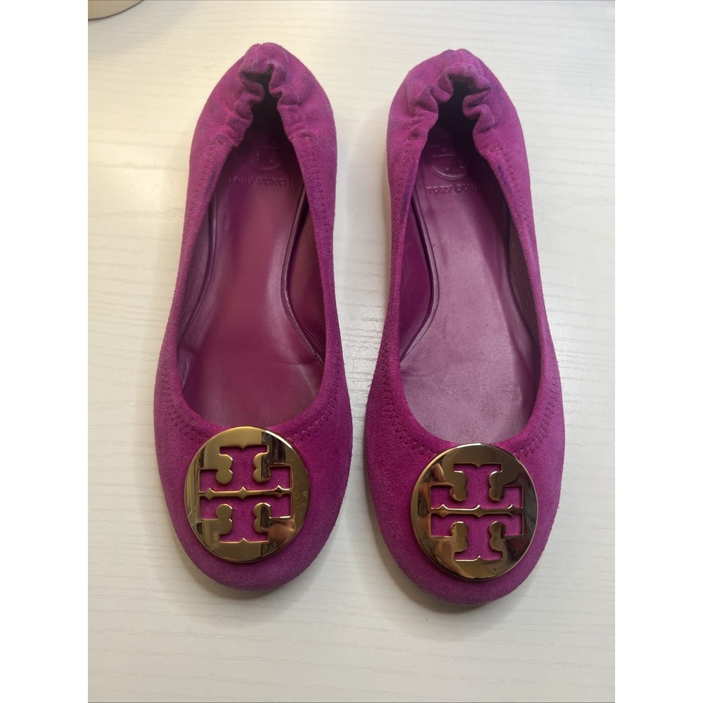 Tory Burch Ballet Flats, Purplish Pink Suede, Tory Emblem Pink and Gold Size 7 M
